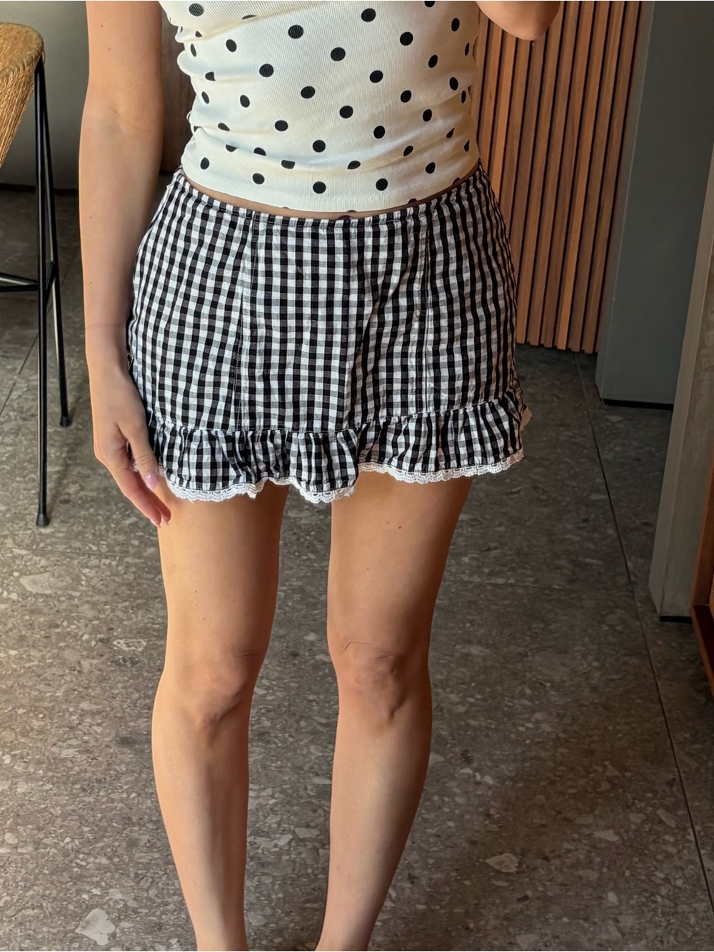 Kimchi blue Black and White Gingham micro Skirt skirt with Lace Trim medium